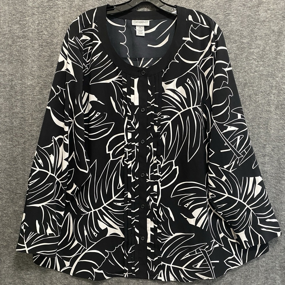 NEW Catherines Top Womens 3X Black White Leaf Print Pintuck Button Office Career